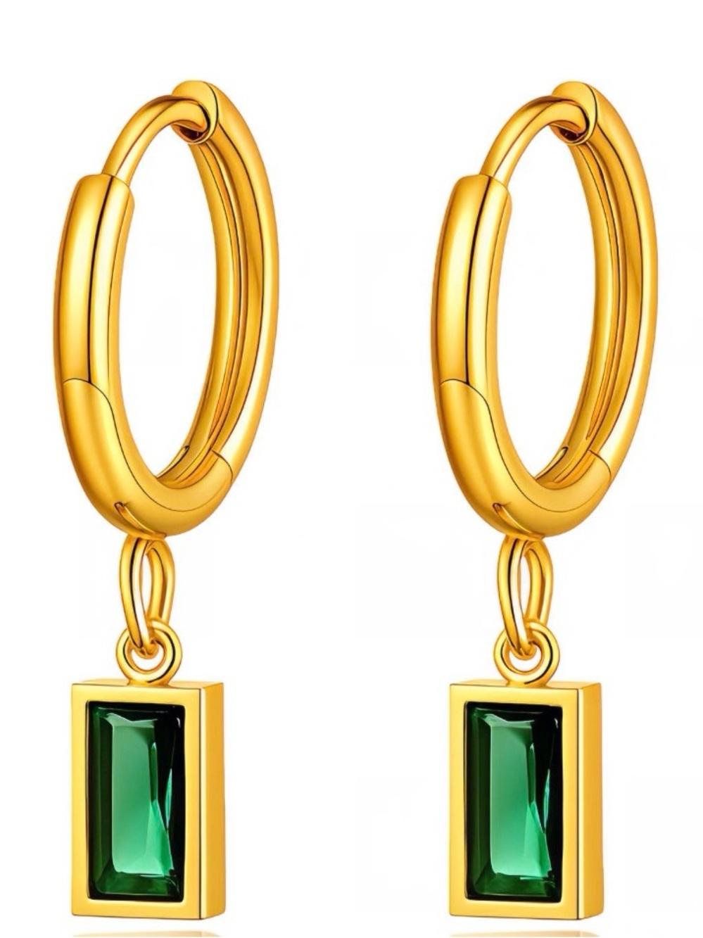 Rectangular Emerald Green Gem 18K Gold Plated Hoop Earrings